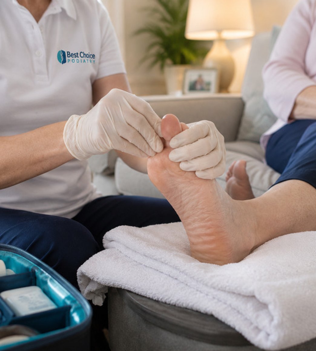 Podiatrist examining a patient's foot at home